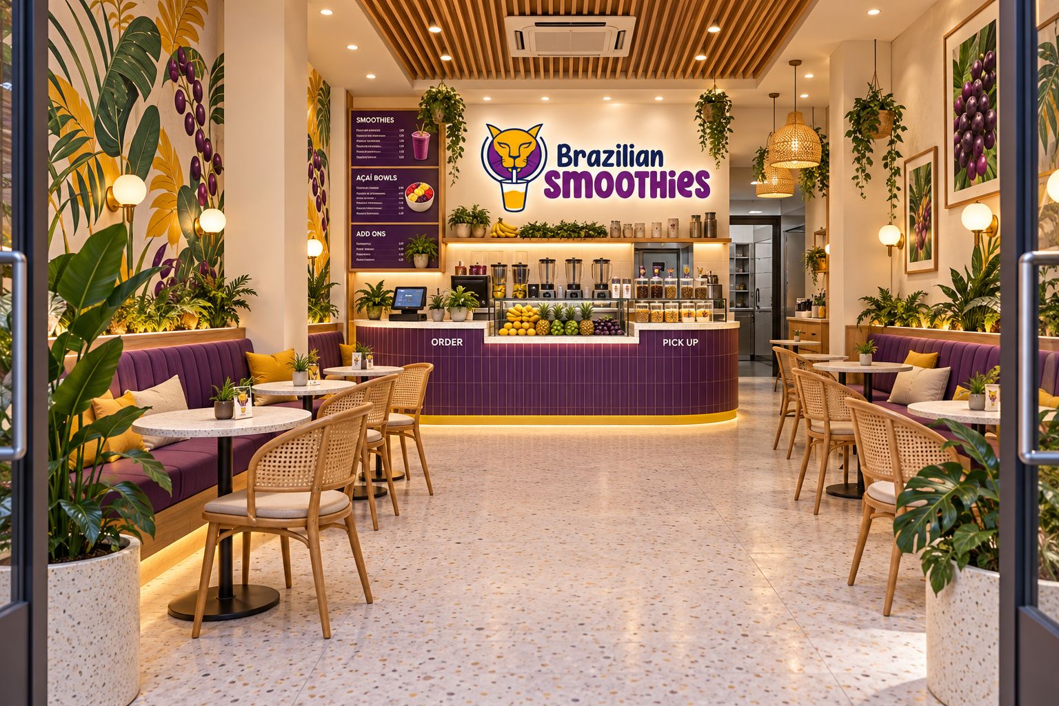 The açaí bar with a purple tiled counter and fresh fruit display