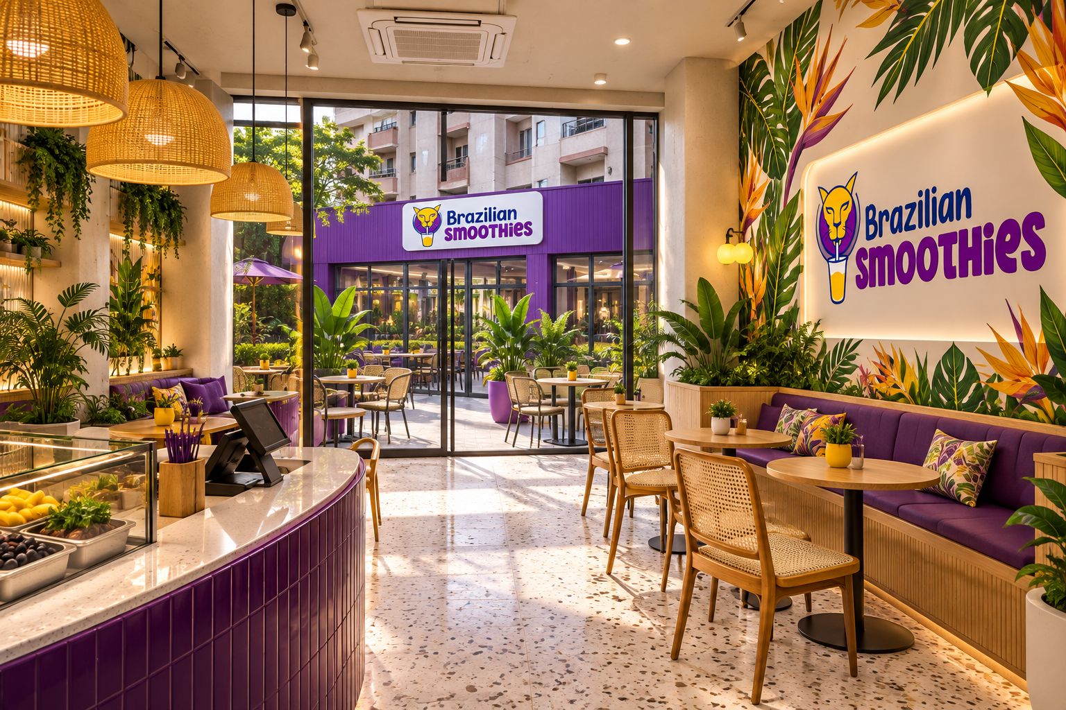 Lounge seating with a tropical mural opening onto the terrace
